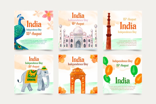 Collection De Publications Instagram Peintes à La Main à L'aquarelle De La Fête De L'indépendance De L'inde