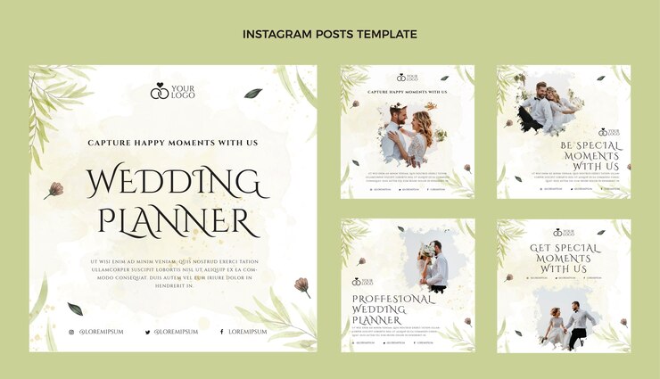 Vecteur gratuit collection de publications instagram de planificateur de mariage aquarelle