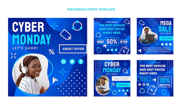 Vecteur gratuit collection de publications instagram à plat sur le cyber lundi