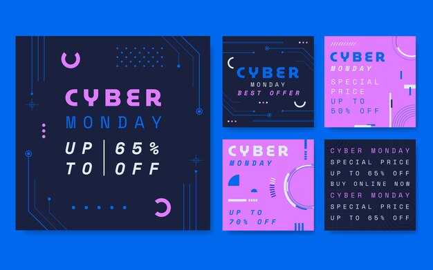 Vecteur gratuit collection de publications instagram à plat sur le cyber lundi