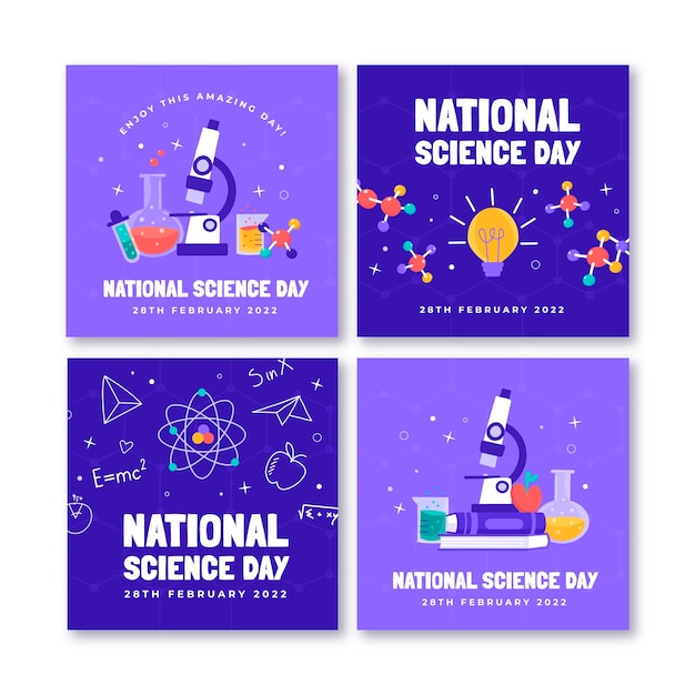 Vecteur gratuit collection de publications instagram à plat pour la journée nationale de la science