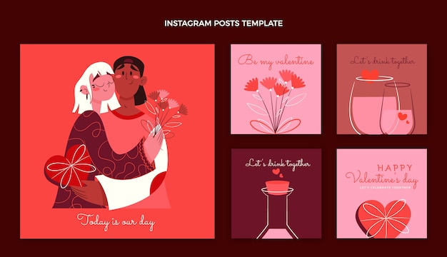 Vecteur gratuit collection de publications instagram à plat pour la saint-valentin