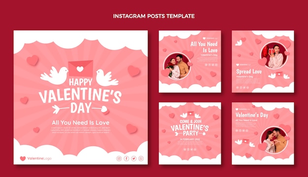 Vecteur gratuit collection de publications instagram à plat pour la saint-valentin