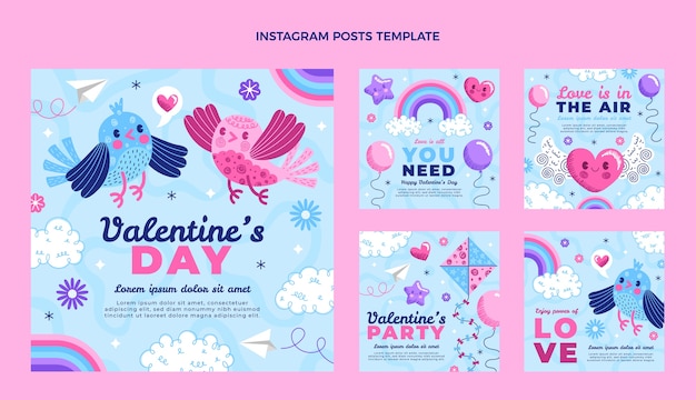 Vecteur gratuit collection de publications instagram à plat pour la saint-valentin