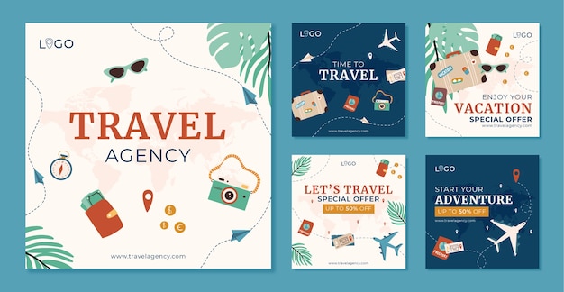 Vecteur gratuit collection de publications instagram plates pour agence de voyage