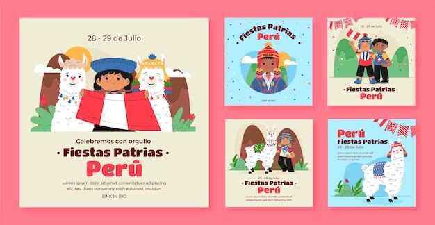 Vecteur gratuit collection de publications instagram plates pour les célébrations des fiestas patrias péruvienne