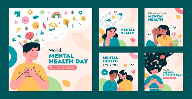 Collection de publications Instagram plates pour la sensibilisation à la Journée mondiale de la santé mentale