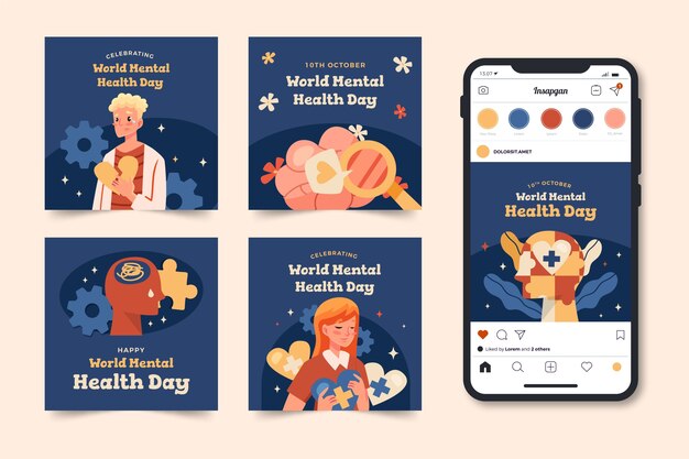 Collection de publications Instagram plates pour la sensibilisation à la Journée mondiale de la santé mentale