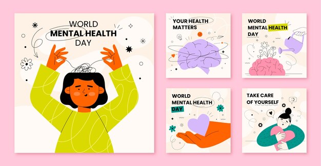 Collection de publications Instagram plates pour la sensibilisation à la Journée mondiale de la santé mentale