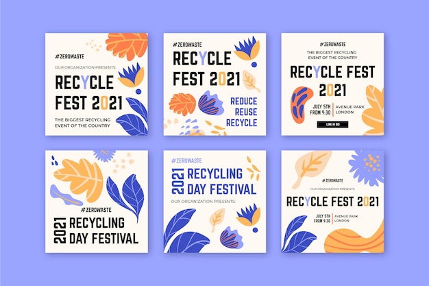 Vecteur gratuit collection de publications instagram pour le festival de la journée du recyclage