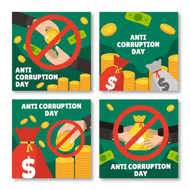 Vecteur gratuit collection de publications instagram pour la journée anti-corruption plate