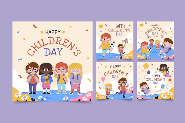 Vecteur gratuit collection de publications instagram pour la journée des enfants du monde plat dessinés à la main