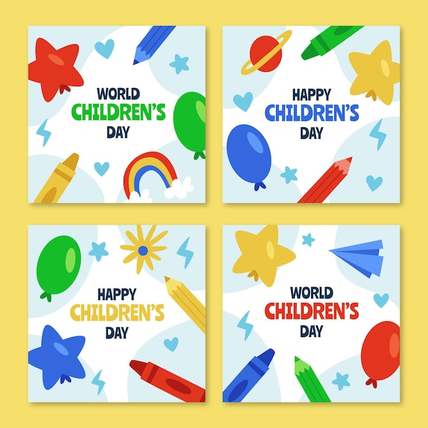 Vecteur gratuit collection de publications instagram pour la journée des enfants du monde plat dessinés à la main