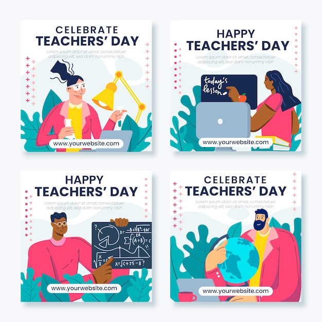 Vecteur gratuit collection de publications instagram pour la journée des enseignants à plat dessinés à la main