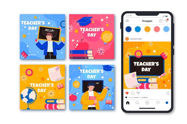 Vecteur gratuit collection de publications instagram pour la journée des enseignants à plat