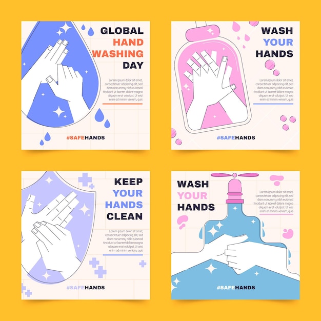 Vecteur gratuit collection de publications instagram pour la journée mondiale du lavage des mains à plat dessinée à la main