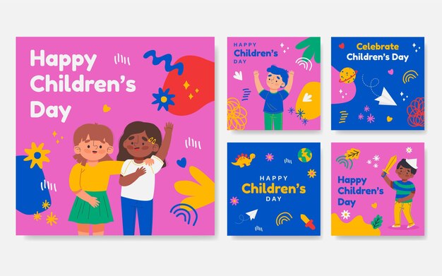 Collection de publications instagram pour la journée mondiale des enfants dessinée à la main