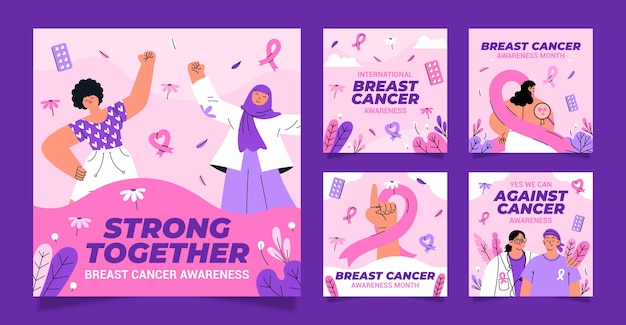 Vecteur gratuit collection de publications instagram pour le mois de la sensibilisation au cancer du sein