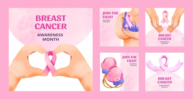 Vecteur gratuit collection de publications instagram pour le mois de la sensibilisation au cancer du sein