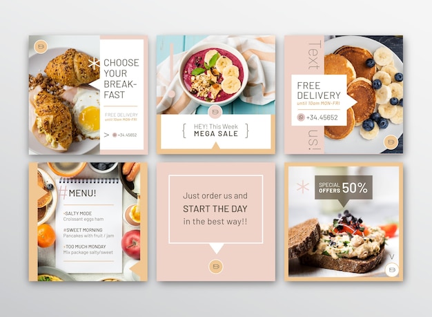 Vecteur gratuit collection de publications instagram pour le petit-déjeuner