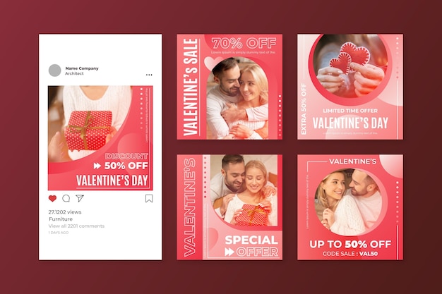 Vecteur gratuit collection de publications instagram pour la saint-valentin