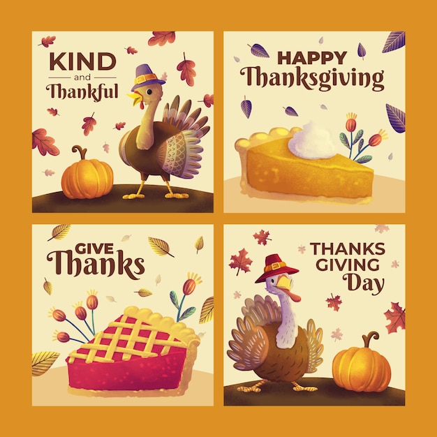 Collection de publications instagram pour Thanksgiving à l'aquarelle