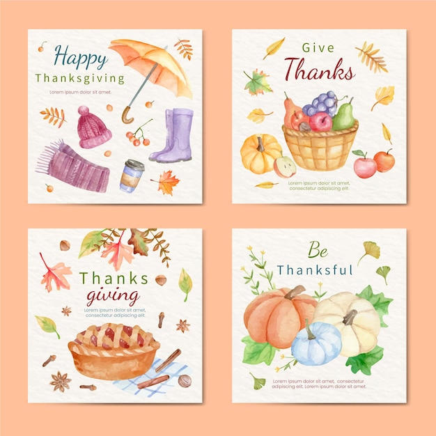 Vecteur gratuit collection de publications instagram pour thanksgiving à l'aquarelle