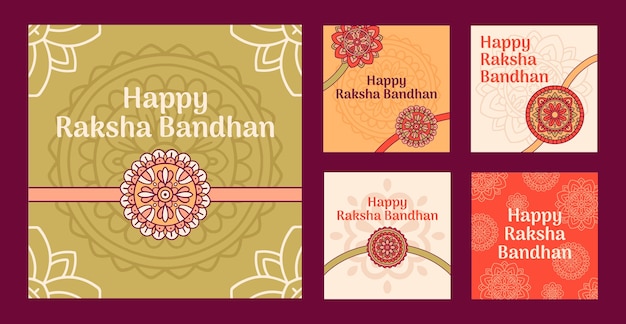 Vecteur gratuit collection de publications instagram raksha bandhan dessinées à la main