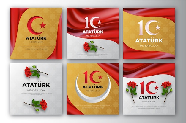 Vecteur gratuit collection de publications instagram réalistes du jour commémoratif d'ataturk