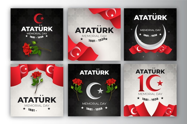 Vecteur gratuit collection de publications instagram réalistes du jour commémoratif d'ataturk