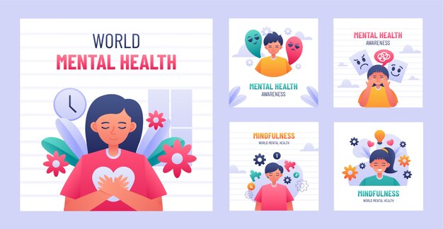 Collection de publications instagram réalistes sur la journée mondiale de la santé mentale