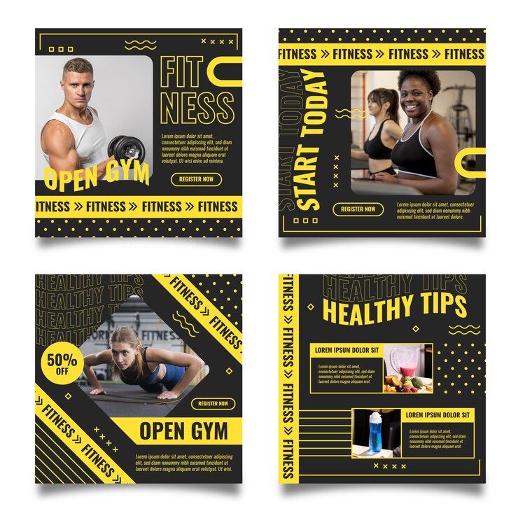 Vecteur gratuit collection de publications instagram de santé et de remise en forme à plat avec photo