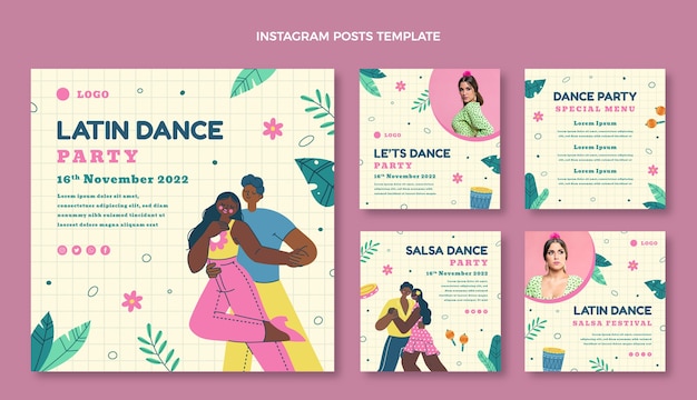 Vecteur gratuit collection de publications instagram de soirée de danse latine dessinées à la main
