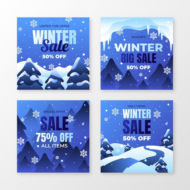 Vecteur gratuit collection de publications instagram de soldes d'hiver dégradées