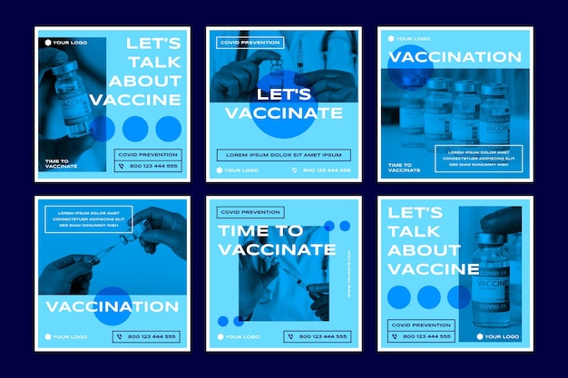 Vecteur gratuit collection de publications instagram de vaccin plat avec photos