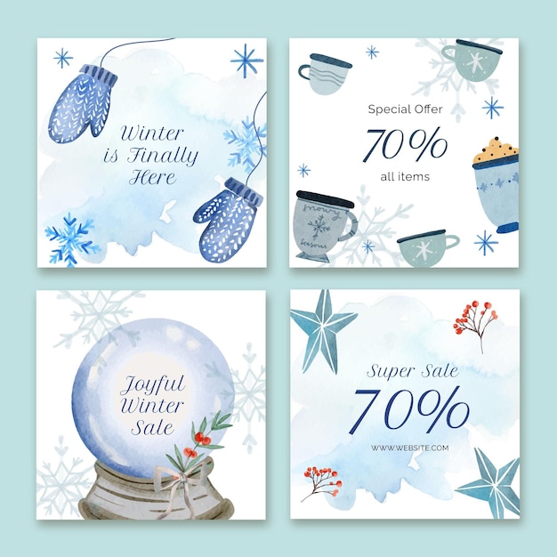 Collection de publications instagram de vente d'hiver aquarelle