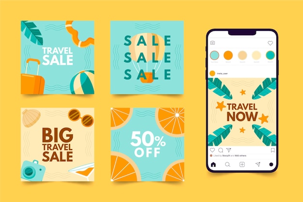 Vecteur gratuit collection de publications instagram de voyage dessinés à la main