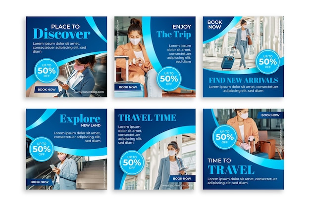 Vecteur gratuit collection de publications instagram de voyage plat