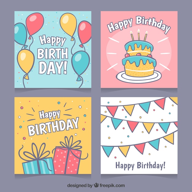 Collection De Quatre Cartes D'anniversaire Dessinés à La Main