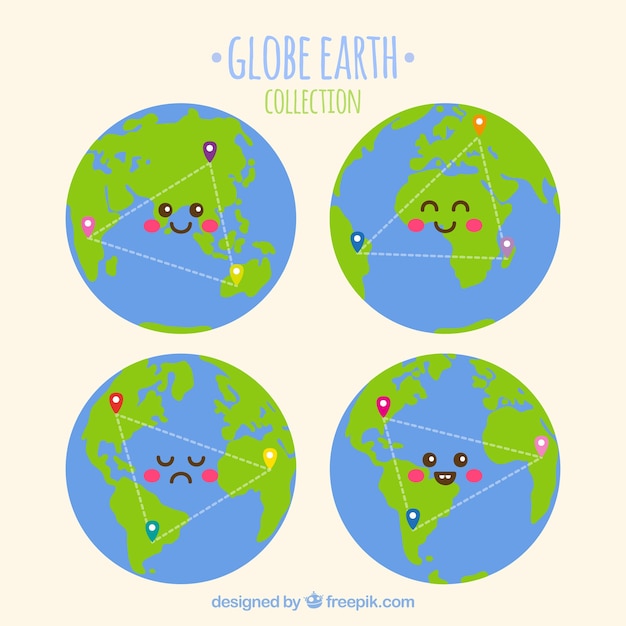 Vecteur gratuit collection de quatre globes souriants de terre