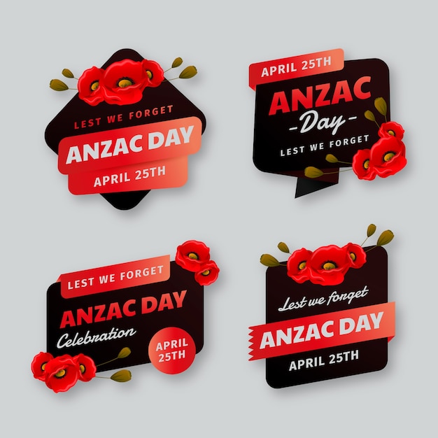 Vecteur gratuit collection réaliste d'étiquettes du jour de l'anzac