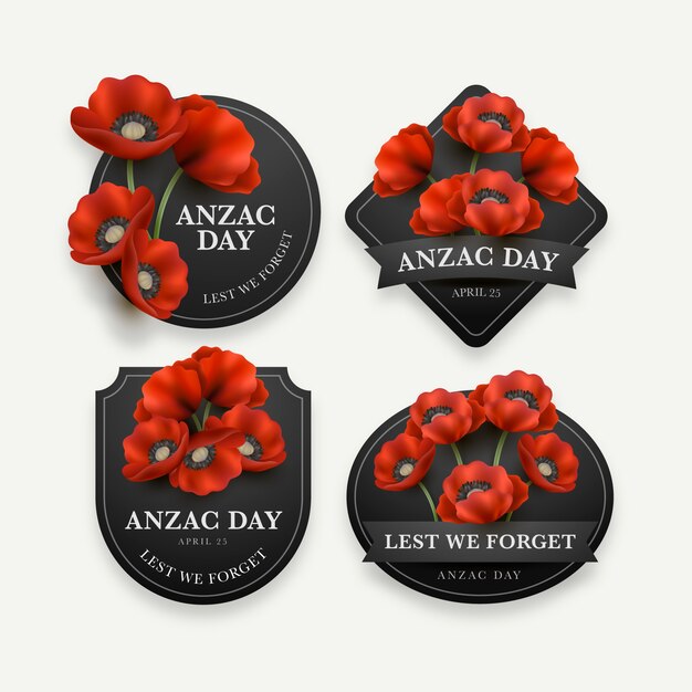 Collection réaliste d'étiquettes du jour de l'anzac
