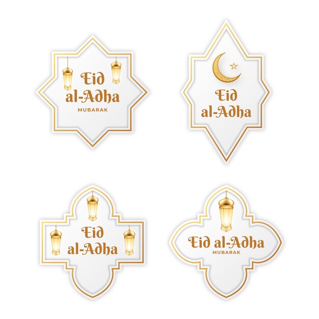 Collection réaliste d'étiquettes eid al-adha avec croissant de lune et lanternes