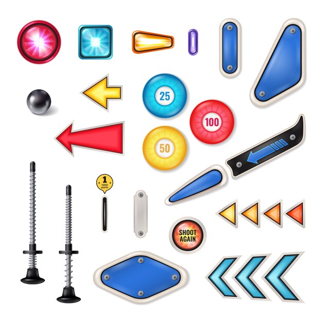 Collection réaliste de pièces de terrain de jeu de flipper avec des lumières clignotantes de plongeur de bille en acier pièges illustration vectorielle isolée