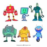 Vecteur gratuit collection de robot dessinés à la main avec différentes poses