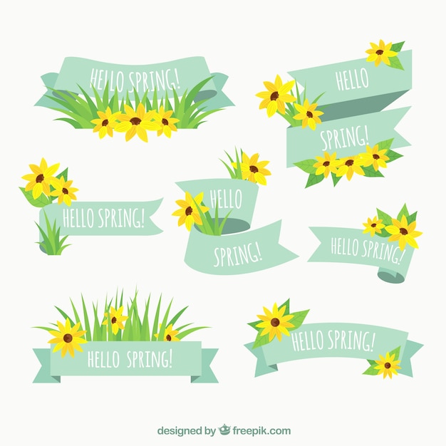 Vecteur gratuit collection de ruban de printemps avec des fleurs jaunes