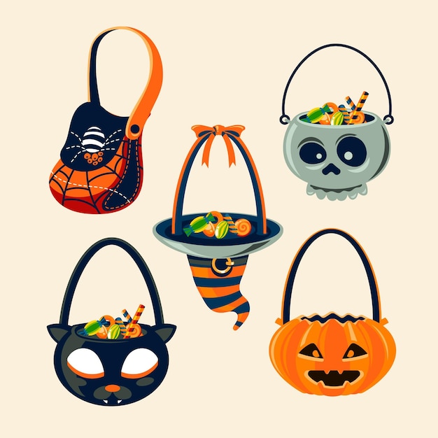 Vecteur gratuit collection de sacs d'halloween dessinés à la main