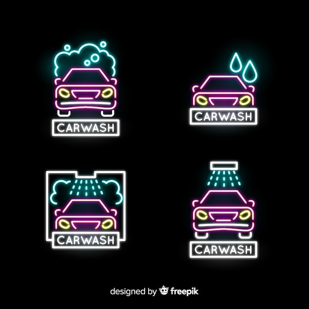 Vecteur gratuit collection de signes de lavage de voiture au néon