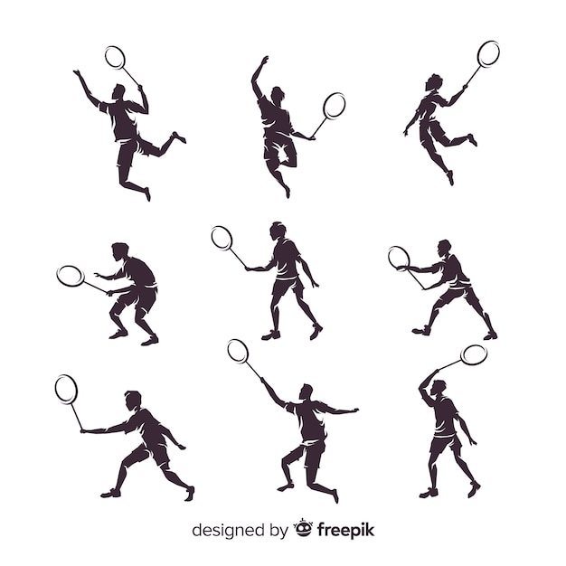 Collection de silhouette de joueur de badminton plat