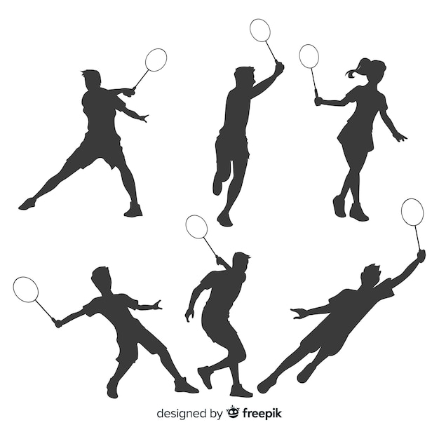 Vecteur gratuit collection de silhouette de joueur de badminton plat